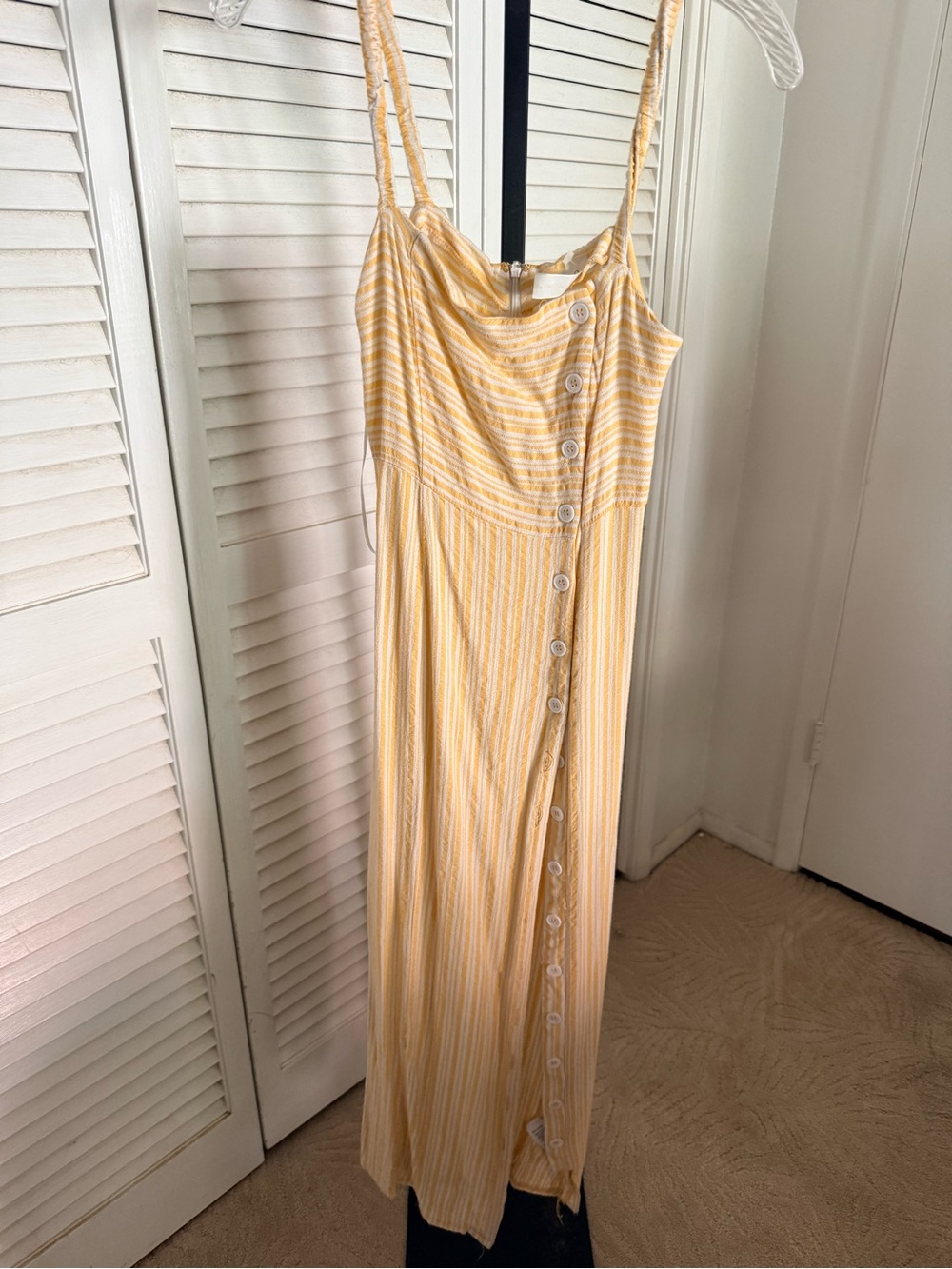 mahina Yellow and White Striped Midi Dress with Front Buttons